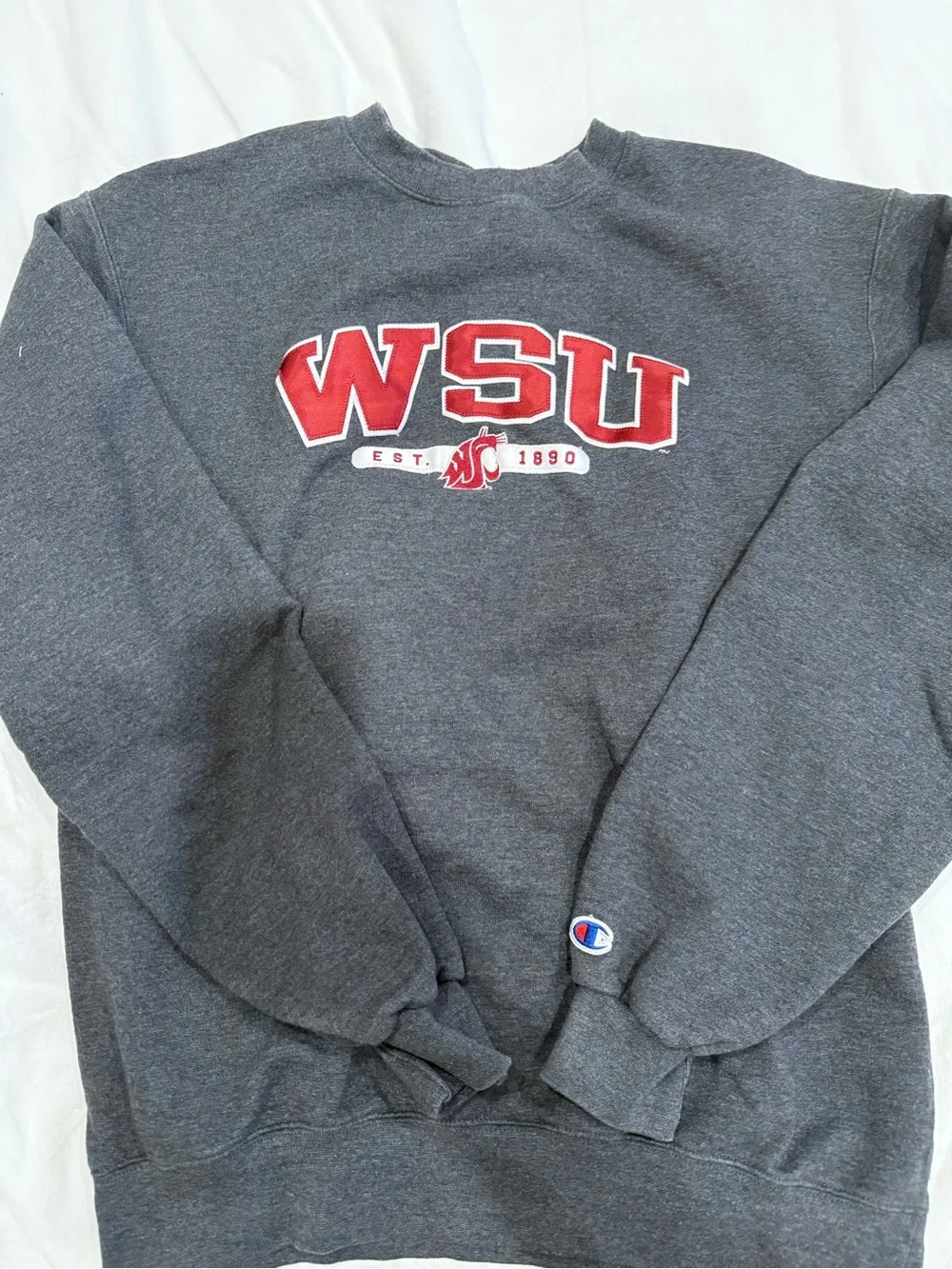 Champion Dark Gray Crewneck Sweatshirt with Red WSU Logo